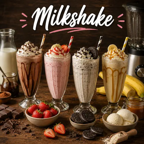 Milkshake recipes with homemade milkshake drinks on a rustic wooden table