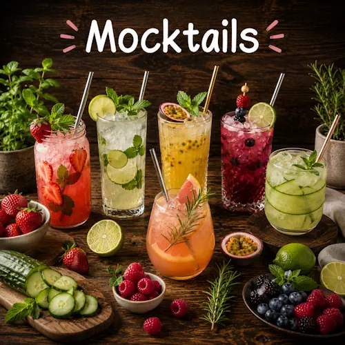 Mocktail recipes with homemade mocktail drinks on a rustic wooden table