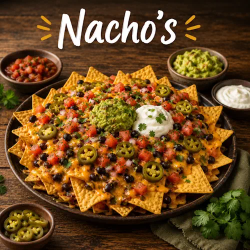 Nacho recipes with homemade nacho dishes on a rustic wooden table