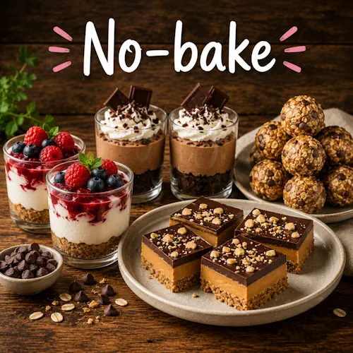 No-bake recipes with homemade no-bake dishes on a rustic wooden table