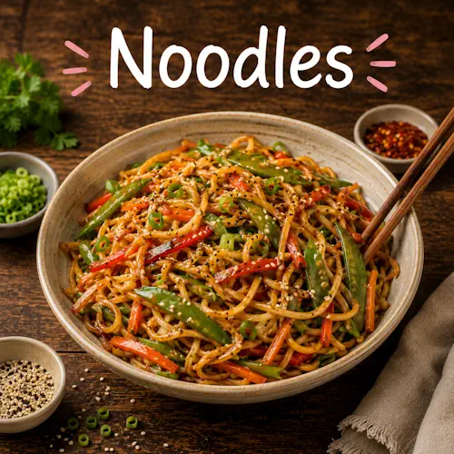 Noodle recipes with homemade noodle dishes on a rustic wooden table