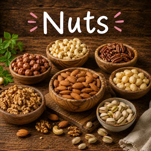 Nut recipes with homemade nut dishes on a rustic wooden table