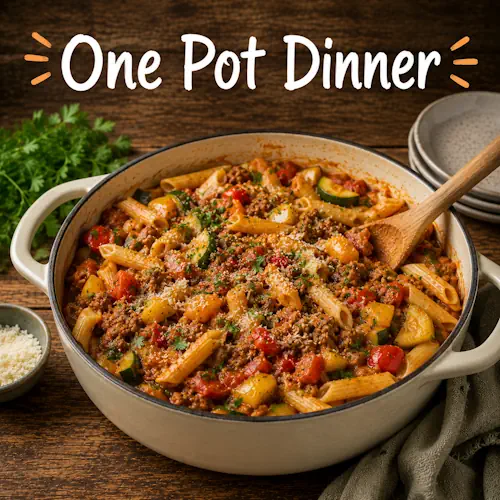 One pot dinner recipes with homemade one pot meals on a rustic wooden table