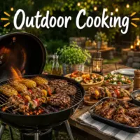 Outdoor cooking recipes with grilled homemade outdoor meals on a rustic wooden table