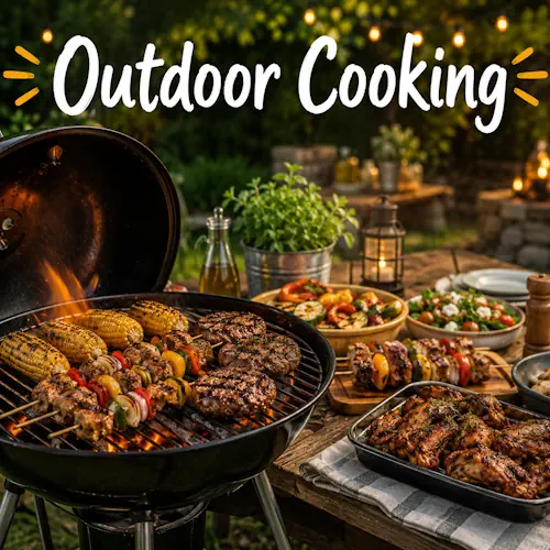 Outdoor cooking recipes with grilled homemade outdoor meals on a rustic wooden table