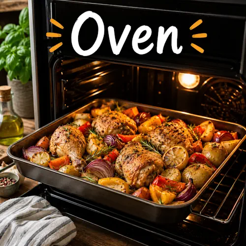 Oven recipes with homemade oven meals on a rustic wooden table
