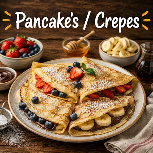 Pancake and crepe recipes with homemade pancake and crepe dishes on a rustic wooden table