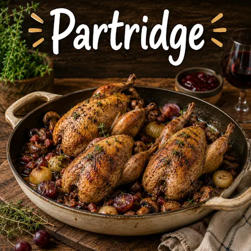 Partridge recipes with homemade partridge dishes on a rustic wooden table