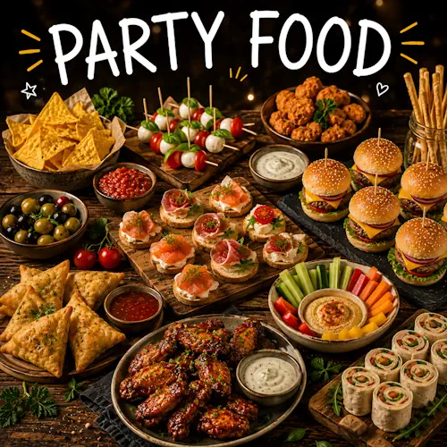 Party food recipes with homemade party food on a rustic wooden table