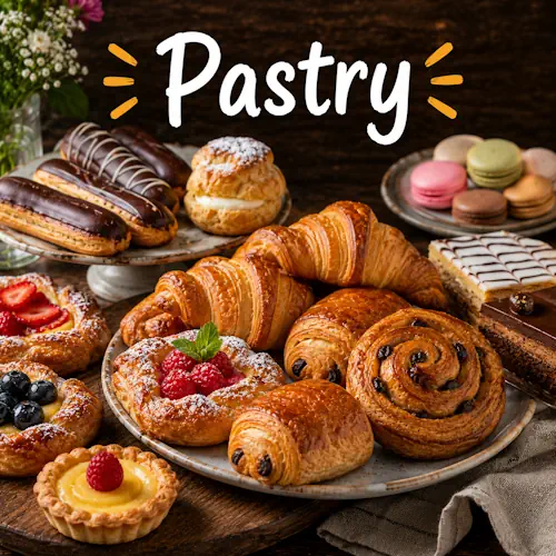 Pastry recipes with homemade pastry dishes on a rustic wooden table