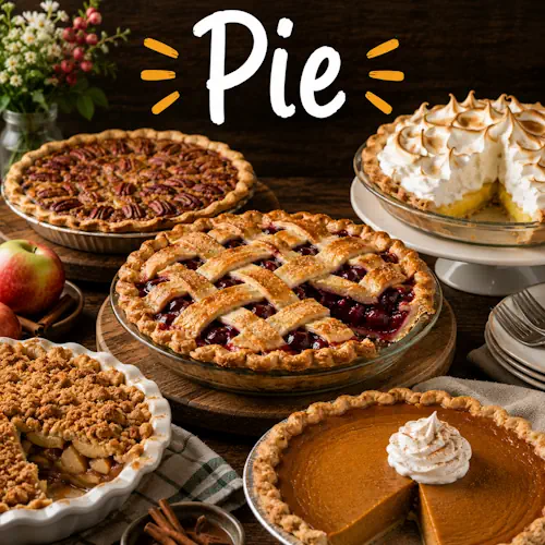Pie recipes with homemade pie dishes on a rustic wooden table