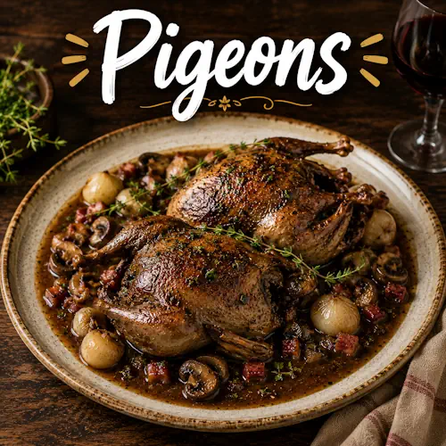 Pigeon recipes with homemade pigeon dishes on a rustic wooden table