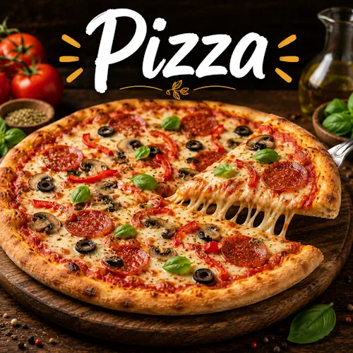 Pizza recipes with homemade pizza dishes on a rustic wooden table