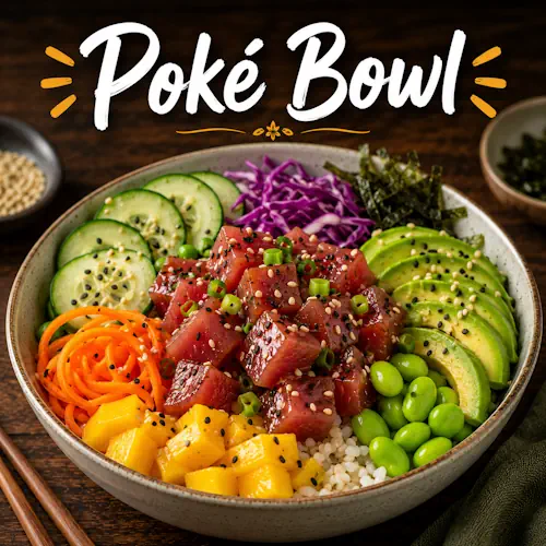 Poké bowl recipes with homemade poké bowl dishes on a rustic wooden table