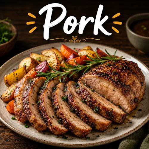 Pork recipes with homemade pork dishes on a rustic wooden table