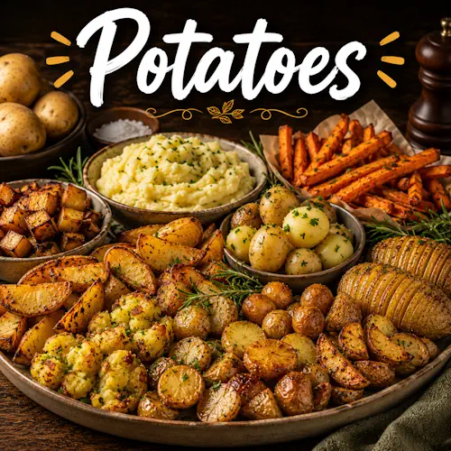Potato recipes with homemade potato dishes on a rustic wooden table