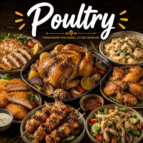 Poultry recipes with homemade poultry dishes on a rustic wooden table