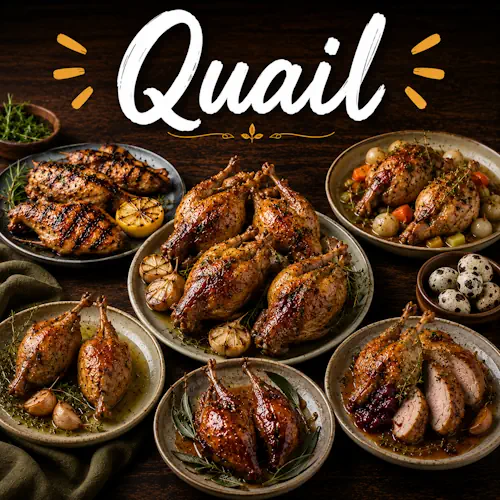 Quail recipes with homemade quail dishes on a rustic wooden table