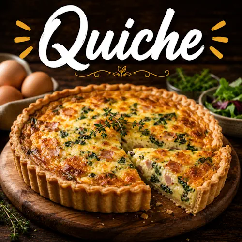 Quiche recipes with homemade quiche dishes on a rustic wooden table