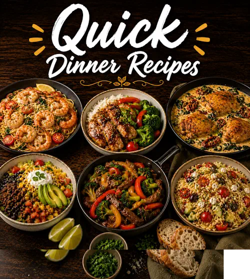 Quick Dinner Recipes with homemade quick dinner meals on a rustic wooden table