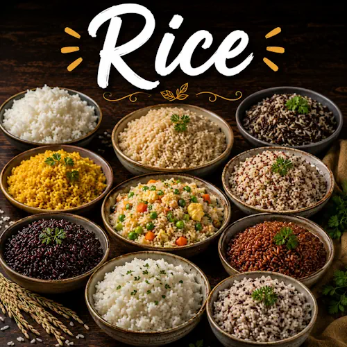 Rice recipes with homemade rice dishes on a rustic wooden table