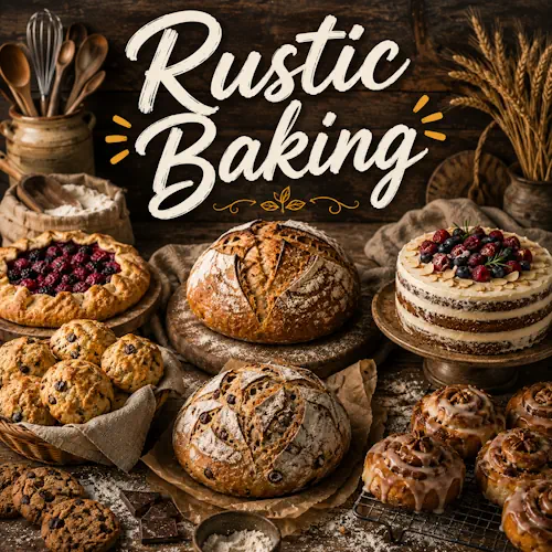 Rustic Baking Recipes with homemade rustic baking on a rustic wooden table