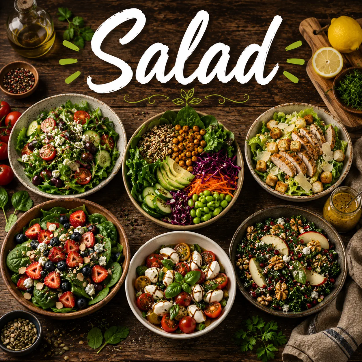 Salad Recipes with homemade salad dishes on a rustic wooden table