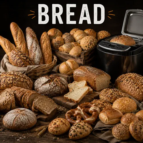 Bread recipes with fresh homemade bread on a rustic wooden table