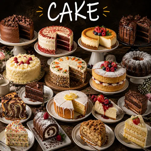 Cake recipes with sweet homemade cakes on a rustic wooden table