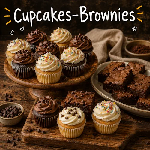 Cupcakes and brownies with homemade baked desserts on a rustic wooden table
