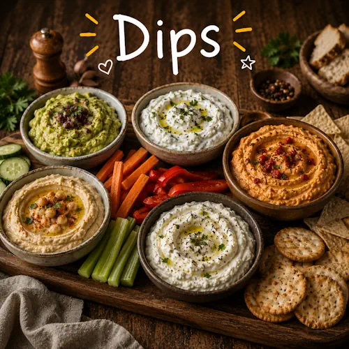 Dips with homemade party snacks on a rustic wooden table