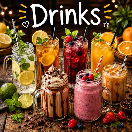Drink recipes with refreshing homemade beverages on a rustic wooden table