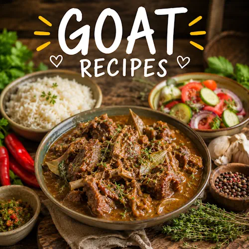 Goat meat recipes with homemade goat dishes on a rustic wooden table