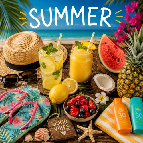 Summer recipes with fresh homemade summer dishes on a rustic wooden table