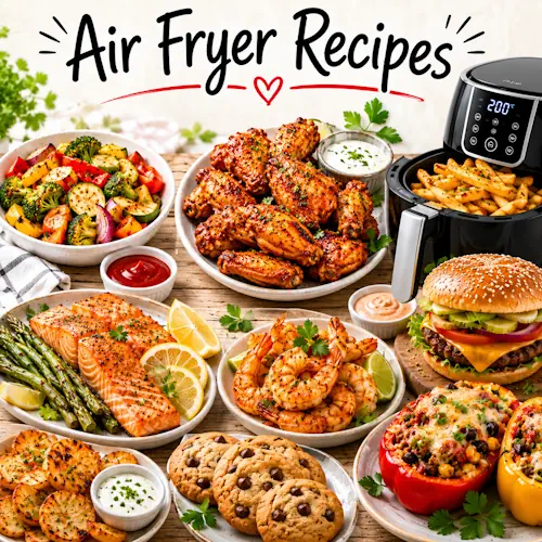 Air fryer recipes with crispy chicken vegetables potatoes and healthy homemade meals