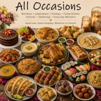 Recipes for Every Occasion featuring party foods holiday meals appetizers desserts and celebration dishes on a rustic wooden table