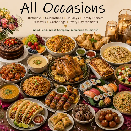 Recipes for Every Occasion featuring party foods holiday meals appetizers desserts and celebration dishes on a rustic wooden table