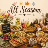 All Seasons Recipes with family favorites comforting meals fresh dishes and classic desserts on a rustic wooden table