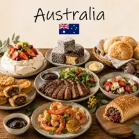 Australia Recipes with traditional Australian dishes and a small Australian flag on a rustic wooden table