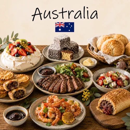 Australia Recipes with traditional Australian dishes and a small Australian flag on a rustic wooden table