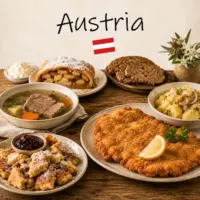 Austria Recipes with traditional Austrian dishes and a small Austrian flag on a rustic wooden table