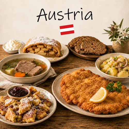 Austria Recipes with traditional Austrian dishes and a small Austrian flag on a rustic wooden table