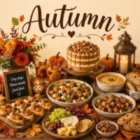 Autumn Recipes with harvest vegetables warming soups seasonal desserts and cozy family meals on a rustic wooden table