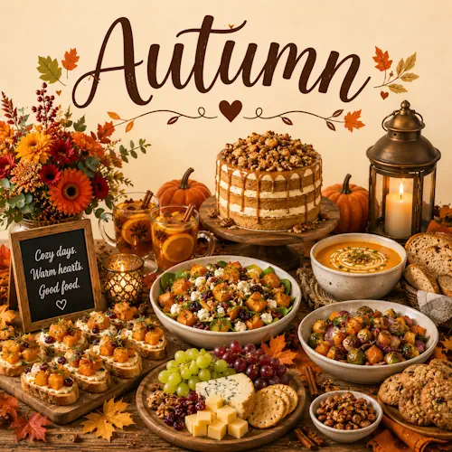 Autumn Recipes with harvest vegetables warming soups seasonal desserts and cozy family meals on a rustic wooden table