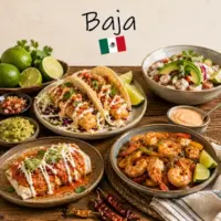 Baja Recipes with fish tacos, seafood specialties and a small Baja-inspired Mexican flag on a rustic wooden table