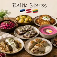 Baltic States Recipes with traditional dishes from Estonia Latvia and Lithuania on a rustic wooden table