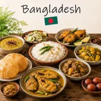Bangladesh Recipes with traditional Bangladeshi curries rice dishes and seafood on a rustic wooden table