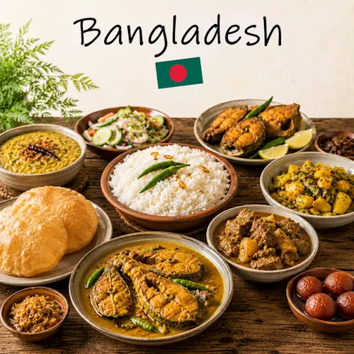 Bangladesh Recipes with traditional Bangladeshi curries rice dishes and seafood on a rustic wooden table