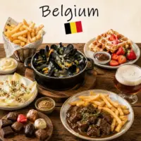 Belgium Recipes with traditional Belgian dishes waffles and regional specialties on a rustic wooden table