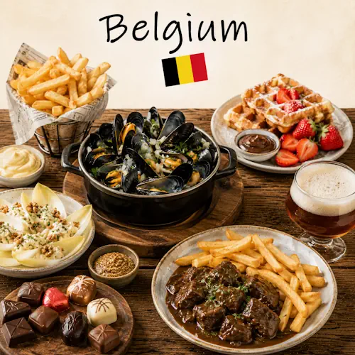 Belgium Recipes with traditional Belgian dishes waffles and regional specialties on a rustic wooden table